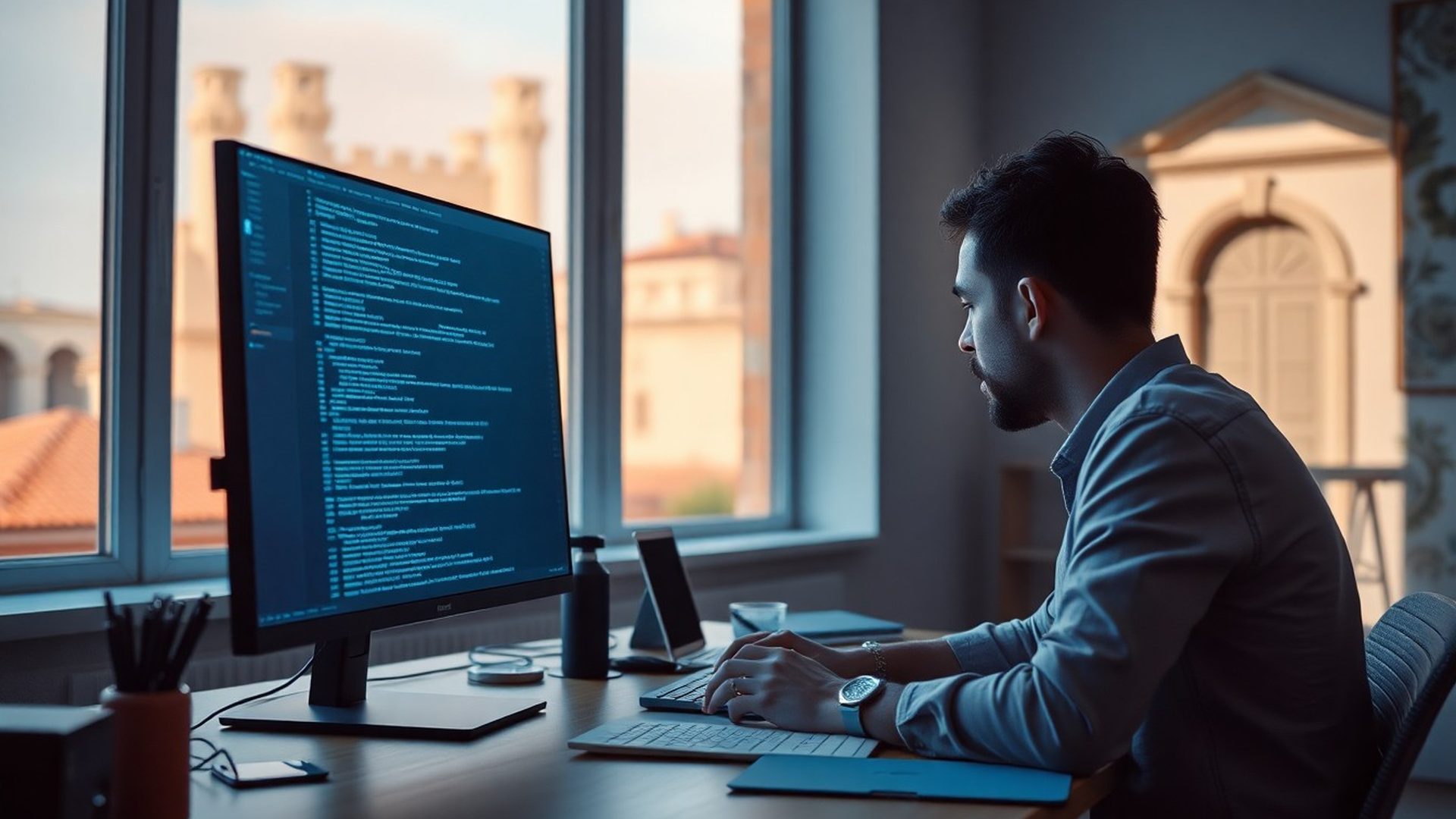 Autor za stolom s monitorom koji prikazuje kod, ambijent u azure-plavom svjetlu